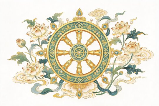 Traditional Chinese Dharmachakra Golden Wheel With Intricate Patterns Lotus Flowers Pearls And Clouds