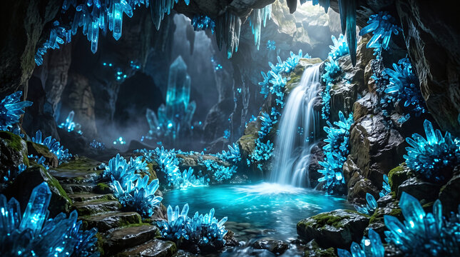 Glowing blue crystal cave with a mystical waterfall and shining mineral pool