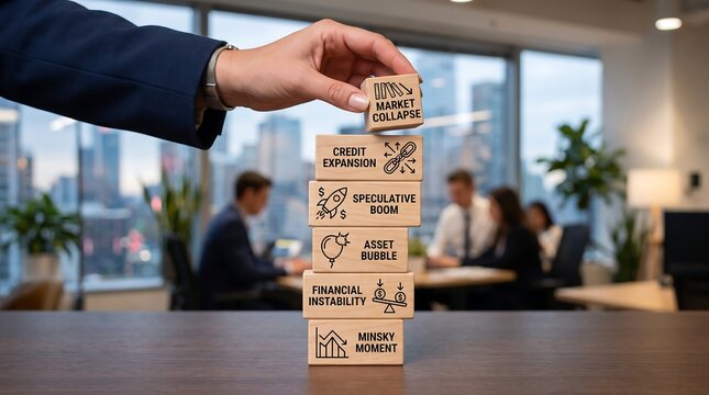 A hand placing a wooden block on a tower representing economic market collapse and financial instability