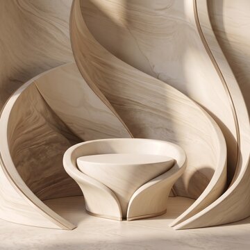 luxury product photography backdrop featuring a sculptural warm ivory stone pedestal surrounded by elegant curved stone surfaces