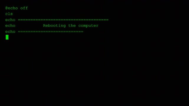 Green retro computer terminal rebooting text on black screen