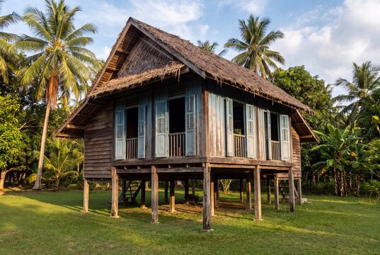 Traditional wooden stilt house among coconut palms