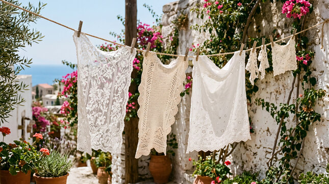 white lace laundry hanging on clothesline in mediterranean village street