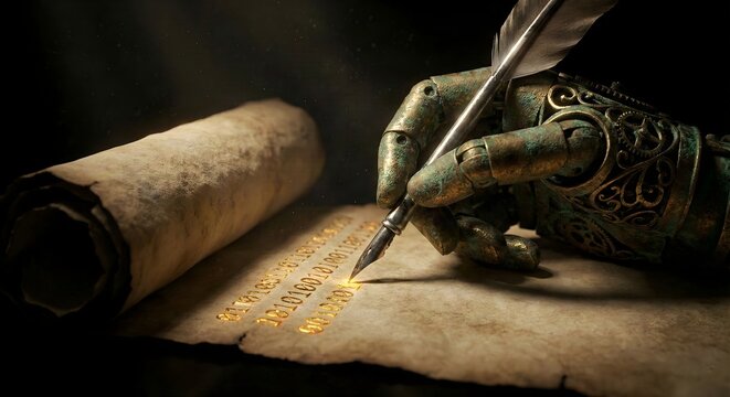 Steampunk Robot Hand Holding Feather Quill Writing Golden Binary Data