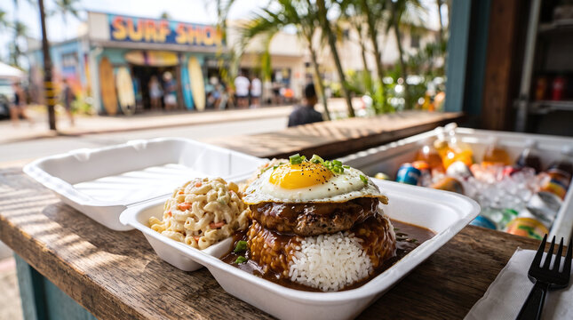 Traditional Hawaiian loco moco plate lunch with egg, gravy and macaroni salad