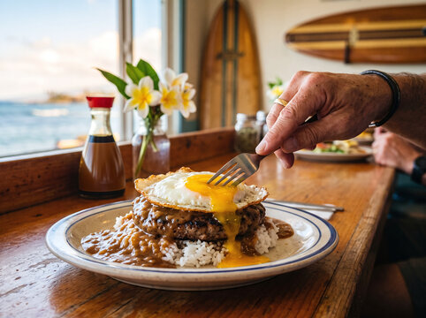 Delicious Hawaiian loco moco with runny fried egg yolk pierced with a fork