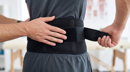 Fototapeta premium Close up of person tightening adjustable lumbar brace straps for spine protection and relief from chronic lower back muscle pain.