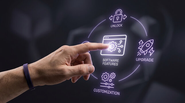 Business professional hand touching digital software features interface with glowing icons for unlock upgrade and customization settings on dark background