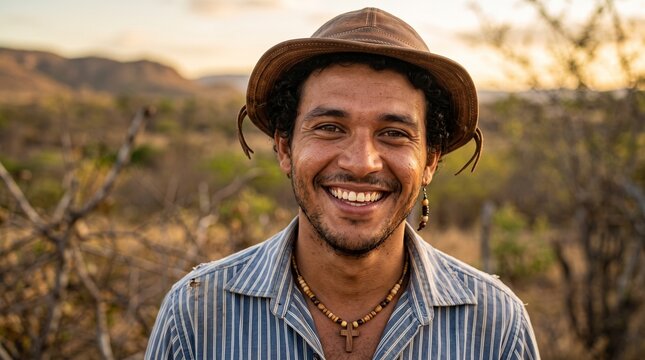 Homem sertanejo sorrindo diante da caatinga ao entardecer