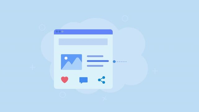 Flat vector animation showing social media image content with photo, engagement, sharing, and editing icons on a soft blue background.