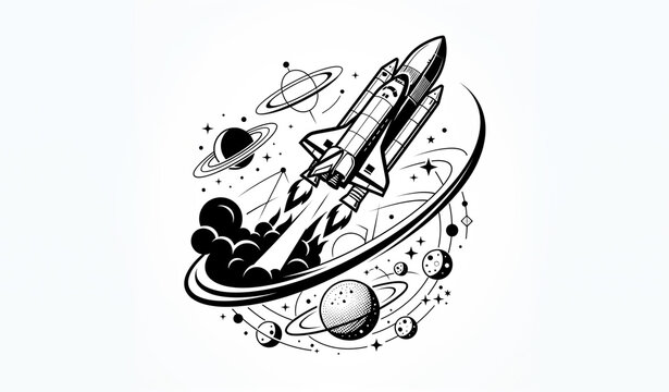 Space Shuttle Launch with Planetary Rings and Celestial Bodies Vector Illustration