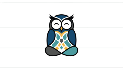 Fototapeta premium Stylized geometric cartoon owl meditating with closed eyes in a peaceful zen pose on a clean background.