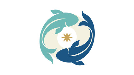 Obraz premium Circular Symbol with Two Intertwined Dolphins and Star Emblem, Aquatic Life, Marine Mammals, Clean Design