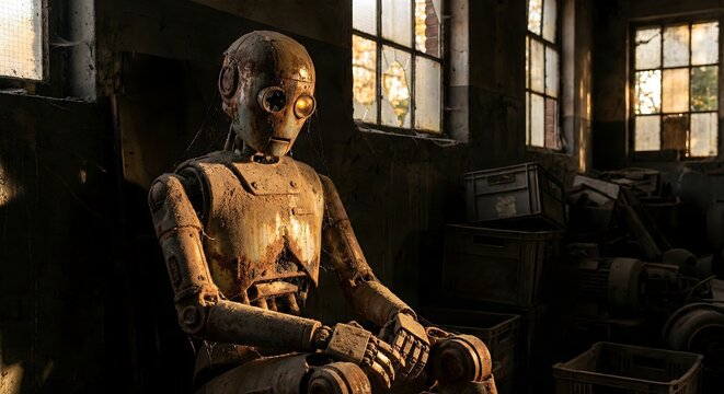 Vintage Damaged Humanoid Android Sitting Near Dusty Windows Sunlight