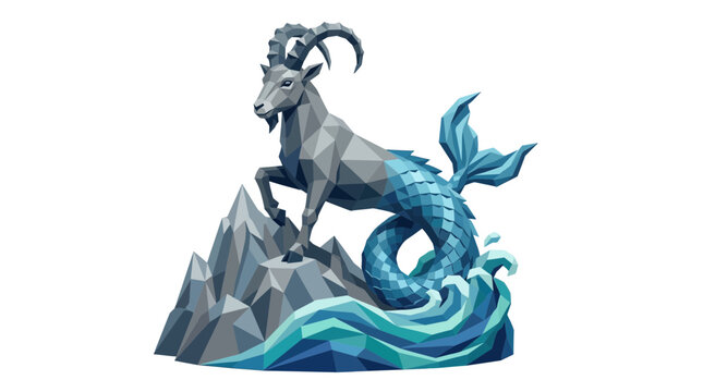 Capricorn zodiac sign symbol, stylized goat-fish creature on rocks with waves, low poly art, isolated