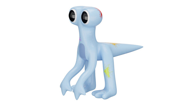 3d rendering of a blue alien toy with large eyes and colorful spots