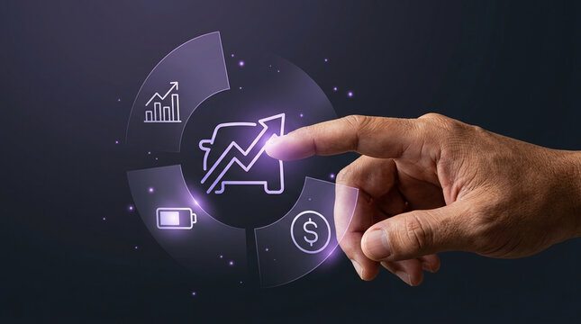 Businessman touching virtual interface with car growth arrow icon, representing automotive market trends, electric vehicle sales, and future industry profit.