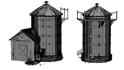 3d rendering of two vintage silos next to a small wooden shed © santiago