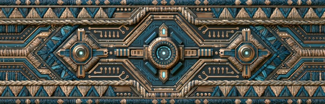 Intricate futuristic geometric pattern with metallic and blue tones