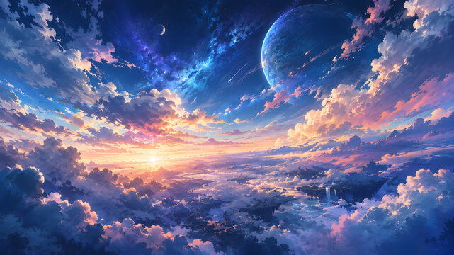 Anime Sky Painting Wallpaper, Dreamy Fantasy Sky with Soft Clouds, Beautiful Celestial Landscape and Japanese Anime Background