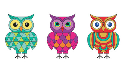 Fototapeta premium Three cute cartoon owls with vibrant geometric patterns in green, purple, and red colors standing in a row.