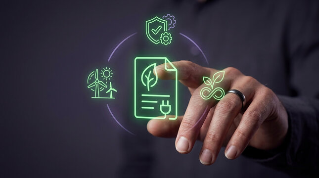 Close-up of a businessman's hand interacting with glowing green neon icons representing environmental sustainability and green energy renewable goals.