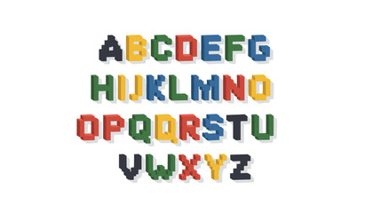 Obraz premium Full English alphabet set rendered in colorful three dimensional pixel block and lego brick style for kids.