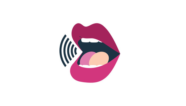 Stylized graphic of open female lips with pink lipstick emitting black sound waves on a white background.
