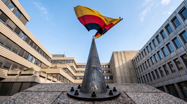 German flag whipping, flag on monument, wind blowing flag, German Flag Whipping in Strong Wind on Conical Monument in Building Courtyard Germany Cold Tone, german flag, whipping, blowing wind, monumen