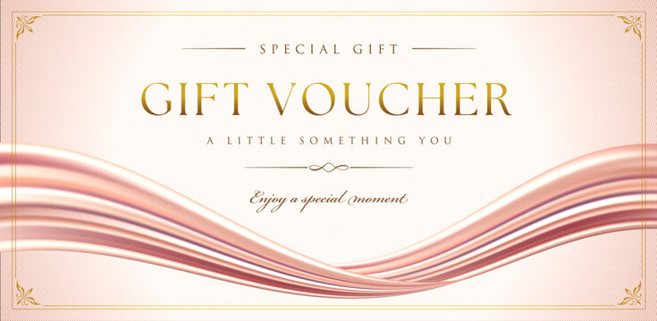 Luxury pink gold gift voucher template design with smooth silk wave frame for coupon certificate and invitation card