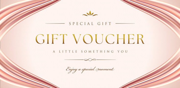 Luxury pink gold gift voucher template design with smooth silk wave frame for coupon certificate and invitation card