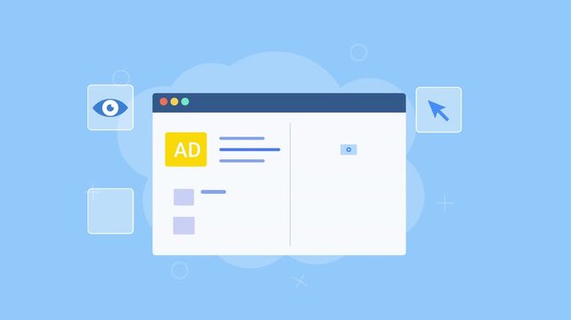 Flat vector animation showing a digital advertising campaign interface with ad content, video elements, visibility, cursor, and revenue icons on a blue background.