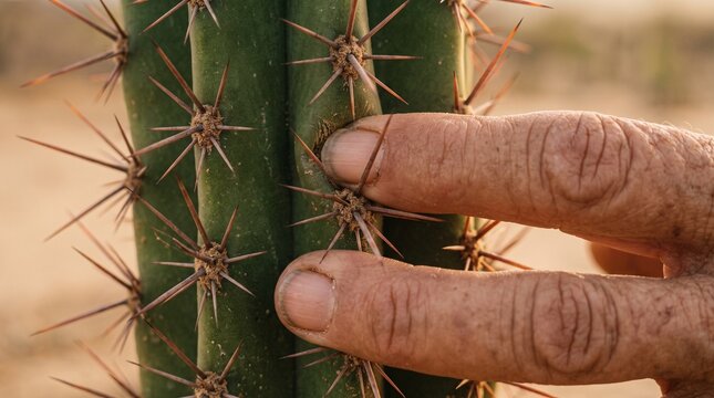 M&atilde;o tocando espinhos de mandacaru no sert&atilde;o