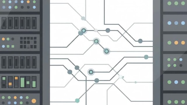 Data Center Server Infrastructure Minimalist Vector Animation with Digital Network Connections for Cloud Computing Storage and Information Technology