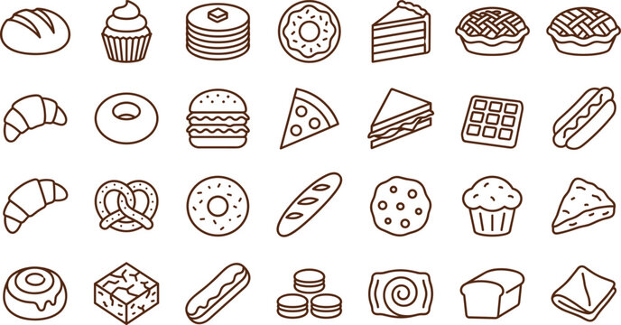 Bakery Pastry and Fast Food Line Icon Set with Minimalist Sweet Dessert Bread Symbols for Restaurant Menus Cafe Websites and Culinary Graphic Designs