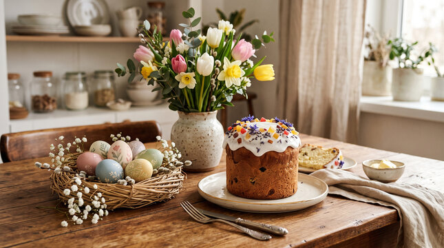festive easter food still life with kulich, decorated eggs, and spring flowers