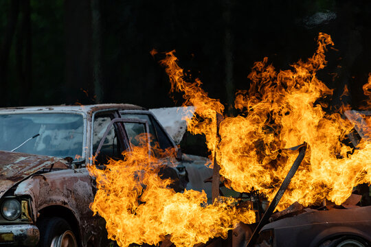 Car accident on the road with cause gas leak and set fire on the scene for safety, insurance and emergency management concept