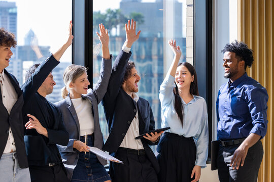 Team of young diversity entrepreneurs and startup have business meeting and encouraging each other for good spirit energy to accomplish successful marketing plan