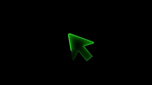 Glowing green mouse cursor arrow, futuristic digital pointer icon for tech interface, neon computer mouse element on black background