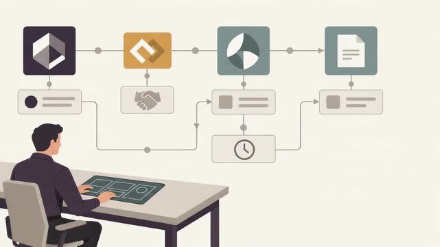Animation of person at desk designing and building a workflow process chart on a digital interface