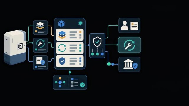 Animated technical workflow diagram illustrating data processing and security access control