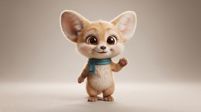 Friendly Animated Fennec Fox Character Waving and Wearing Teal Scarf