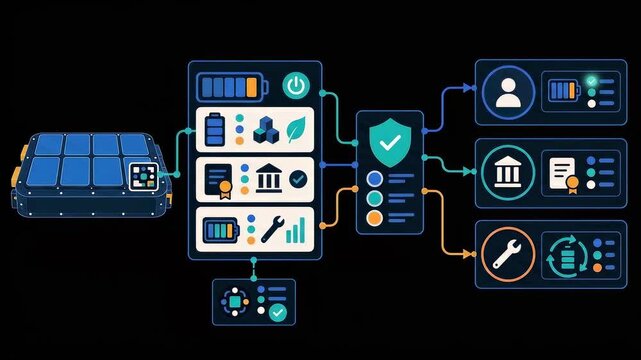Digital battery passport data flow diagram showing information sharing between stakeholders in technology graphic animation