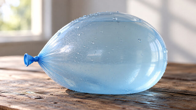 Overfilled translucent water balloon on wooden table, tension and fragility concept