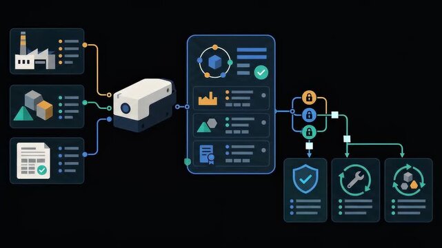 Graphic animation illustrating digital product passport workflow with data processing and security locks