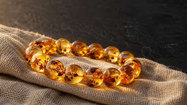 Honey-colored resin bead bracelet on linen cloth, organic plant inclusions, dark slate background, amber tones, jewelry presentation