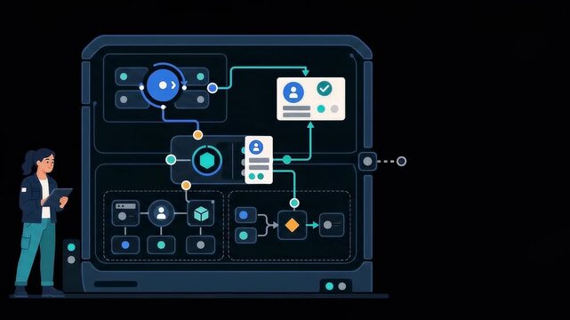Animated computer system graphic showing workflow nodes and processing data with a person holding a tablet