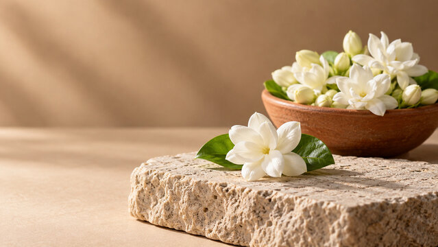 Jasmine blossom on stone block with terracotta bowl of flowers, premium still life concept