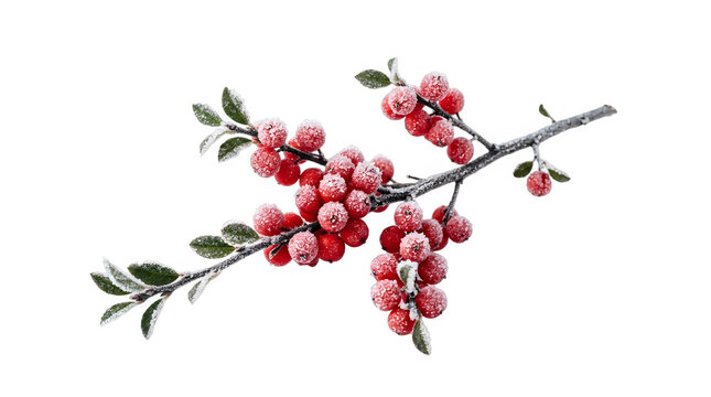 A sprig of red winter berries covered in frost on a plain white background, studio light, photorealistic, no text.