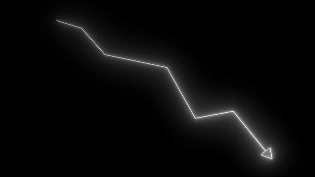 Neon white financial downtrend graph line animation on black background, stock market crash concept, economic recession indicator, business data visualization, minimalist glowing chart
